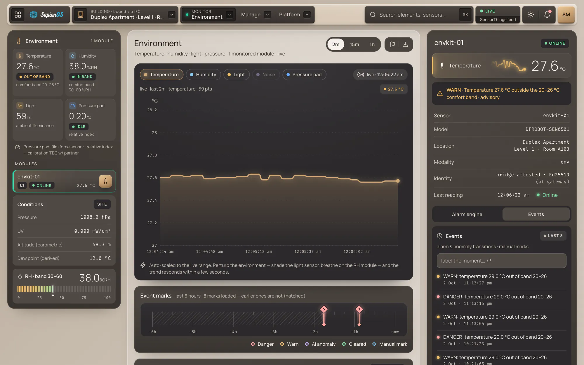 SapienOS environment dashboard showing live temperature, humidity, light and pressure readings with comfort bands, an advisory alarm and its event log