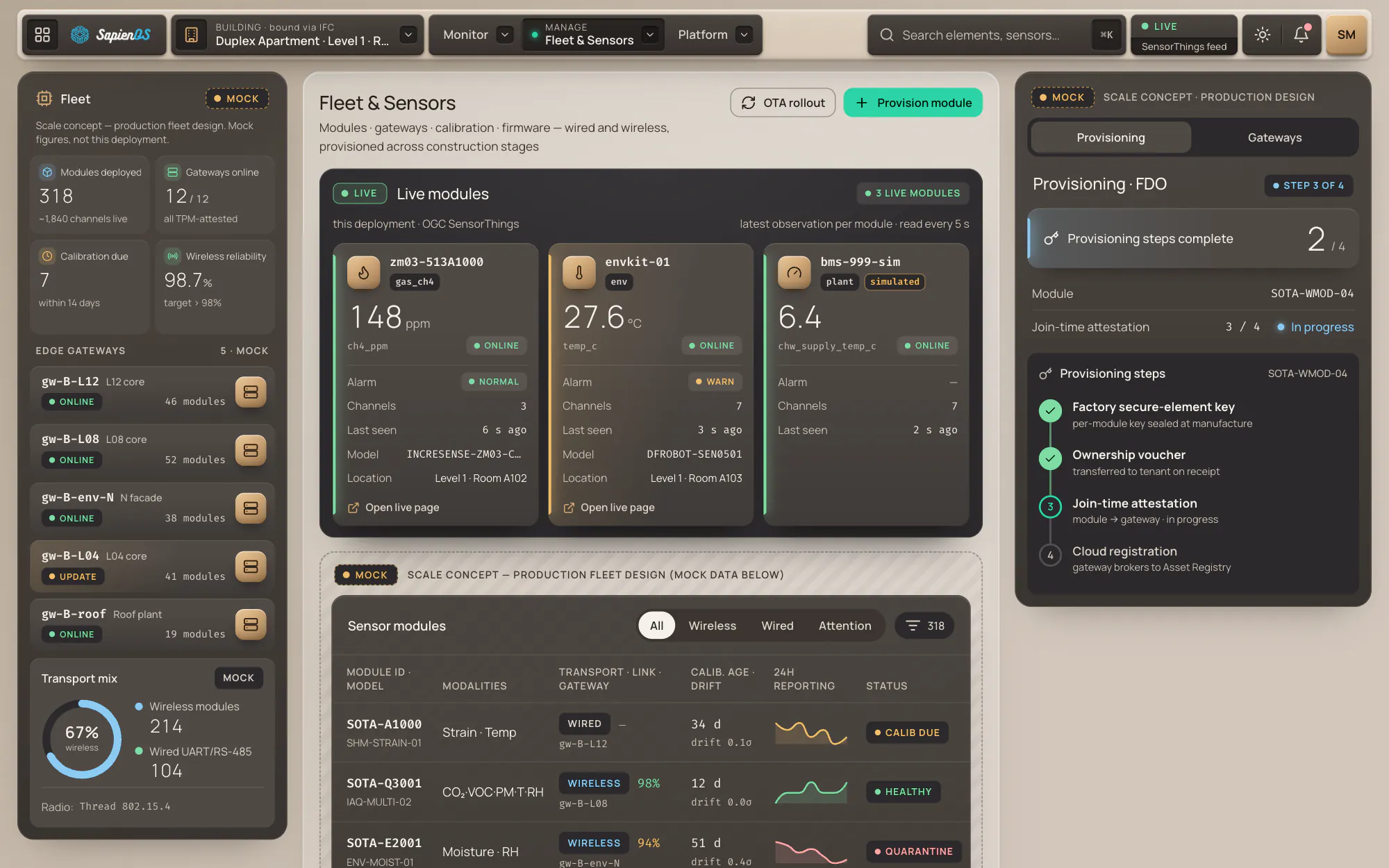 SapienOS fleet console showing live module cards with alarm states and reading freshness, above a production-scale design concept of a building's sensor fleet