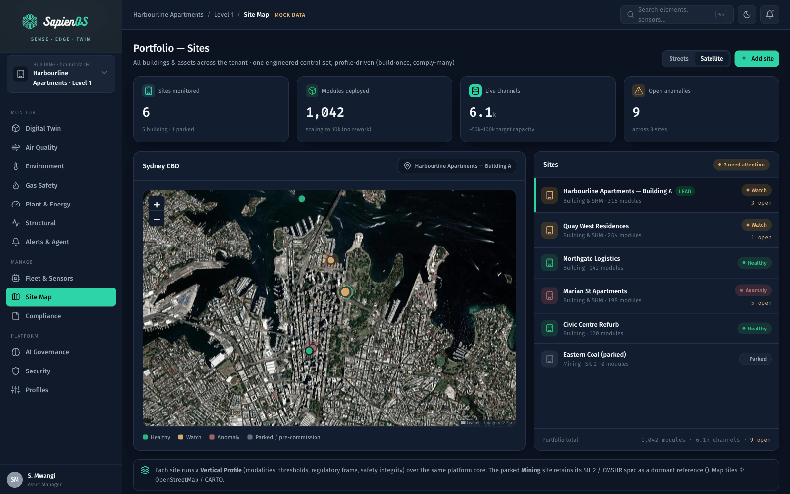 SapienOS portfolio site map design concept: a dark map with health-status pins beside a list of monitored sites with module counts and open anomalies