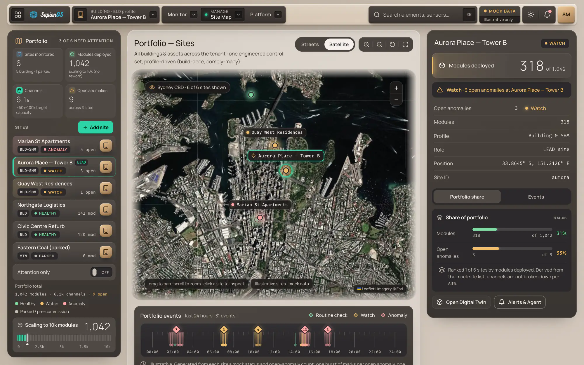 Design concept of the SapienOS multi-site portfolio view, showing monitored sites and their condition state on a map
