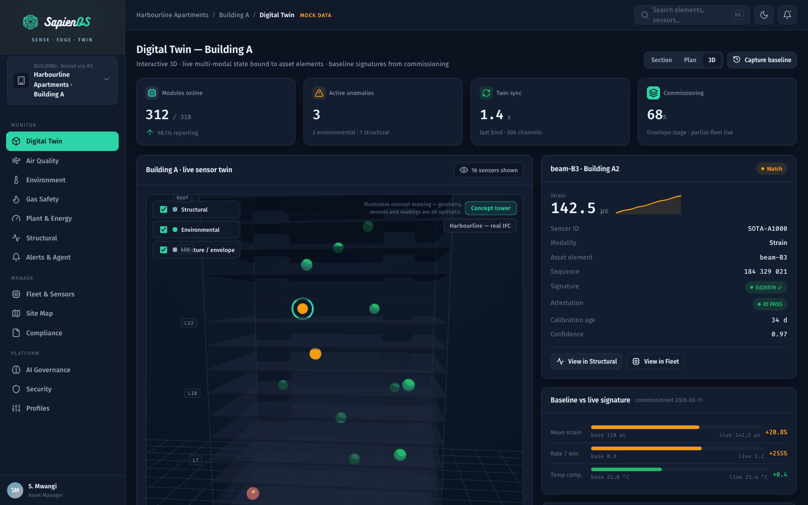 SapienOS digital twin console design concept: interactive 3D building with colour-coded sensor nodes, element detail panel and baseline-versus-live comparison