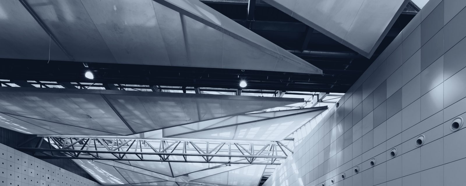 Airport terminal roof structure in slate duotone — atmospheric imagery