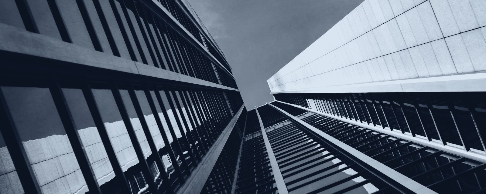 Commercial tower façades in slate duotone — atmospheric imagery